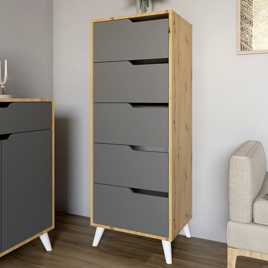 Комод высокий с белыми ножками 5 ящиков М-ЗОН Борн 500 Дуб Артизан/Антрацит (MZN-031100)