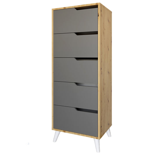 Комод высокий с белыми ножками 5 ящиков М-ЗОН Борн 500 Дуб Артизан/Антрацит (MZN-031100)