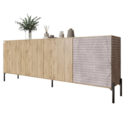 Комод в гостиную на черных металлических ножках LION Грей 204x38x76,5 см Дуб Аппалачи/Камень (LION-042620)