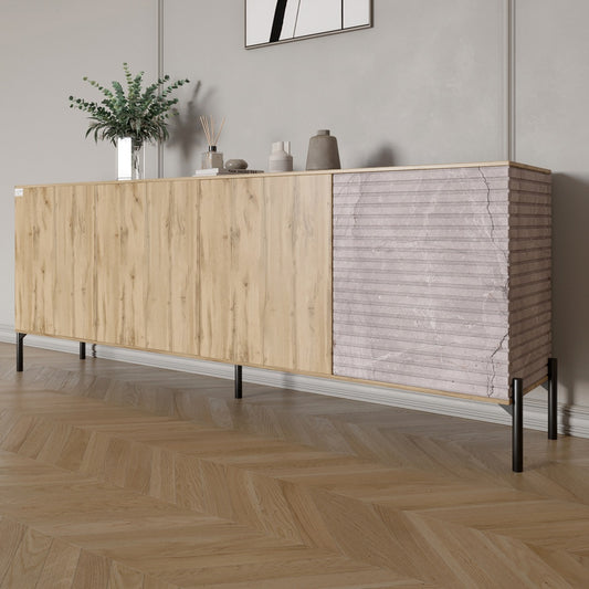 Комод в гостиную на черных металлических ножках LION Грей 204x38x76,5 см Дуб Аппалачи/Камень (LION-042620)