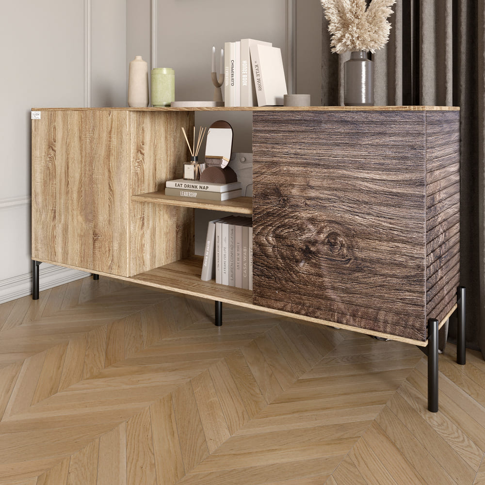 Комод открытый на черных металлических ножках LION Грей Дуб Сонома трюфель/Дерево (LION-042765)