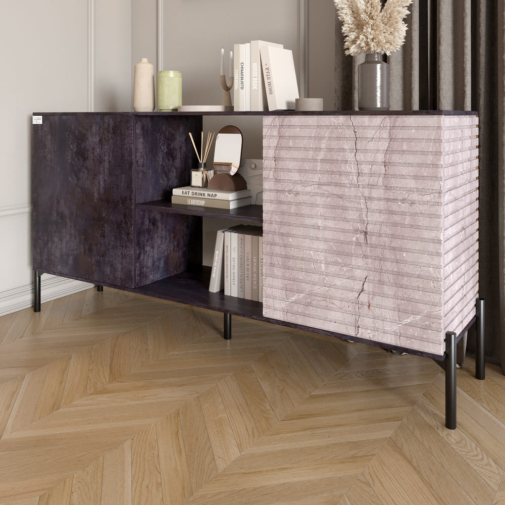 Комод открытый на черных металлических ножках LION Грей Бетон темный/Камень (LION-042790)