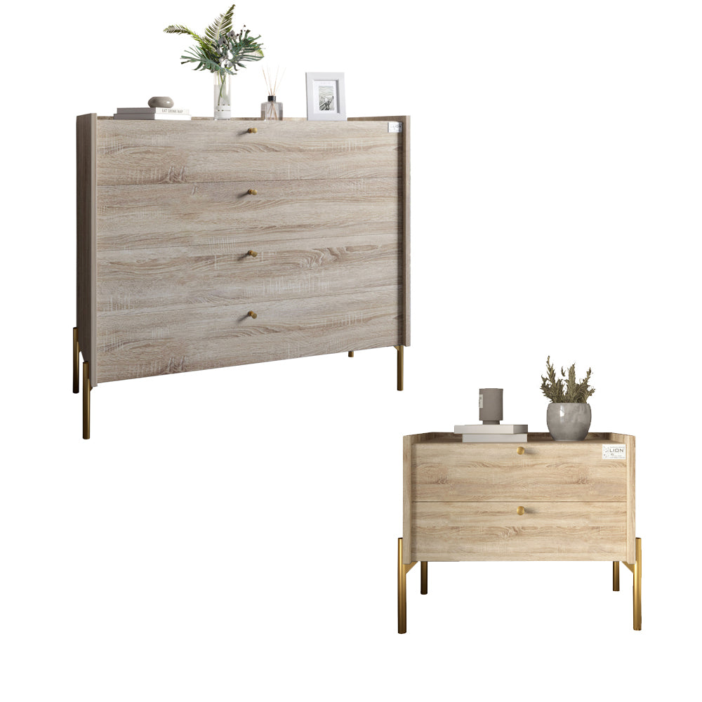 Гарнитур в спальню комод и прикроватная тумба на 2 ящика LION Wood Дуб Сонома (LION-041528)