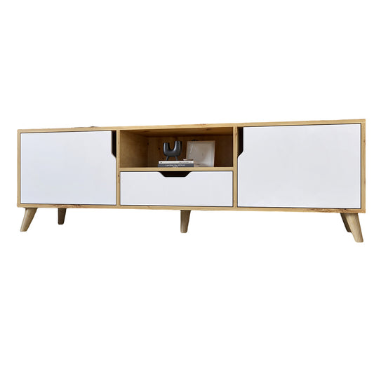 Тумба под телевизор с ножками в цвете Орех светлый М-ЗОН Борн 1600 Дуб Артизан/Нимфея Альба (белый) (MZN-031081)