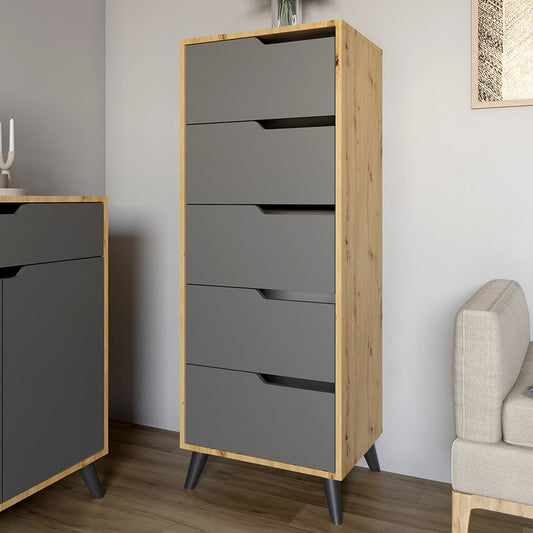 Комод высокий с черными ножками 5 ящиков М-ЗОН Борн 500 Дуб Артизан/Антрацит (MZN-031101)