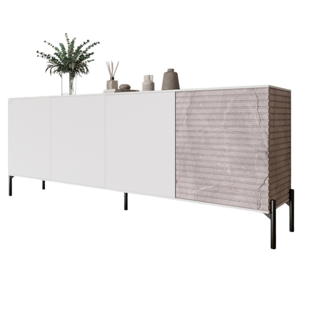 Комод в гостиную на черных металлических ножках LION Грей 204x38x76,5 см Нимфея Альба (белый)/Камень (LION-042611)