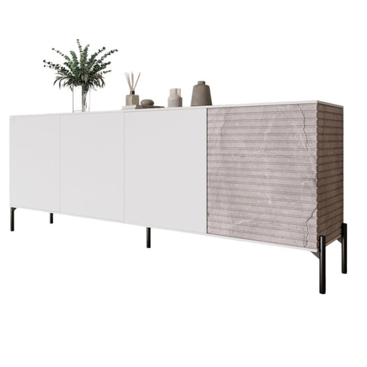 Комод в гостиную на черных металлических ножках LION Грей 204x38x76,5 см Нимфея Альба (белый)/Камень (LION-042611)