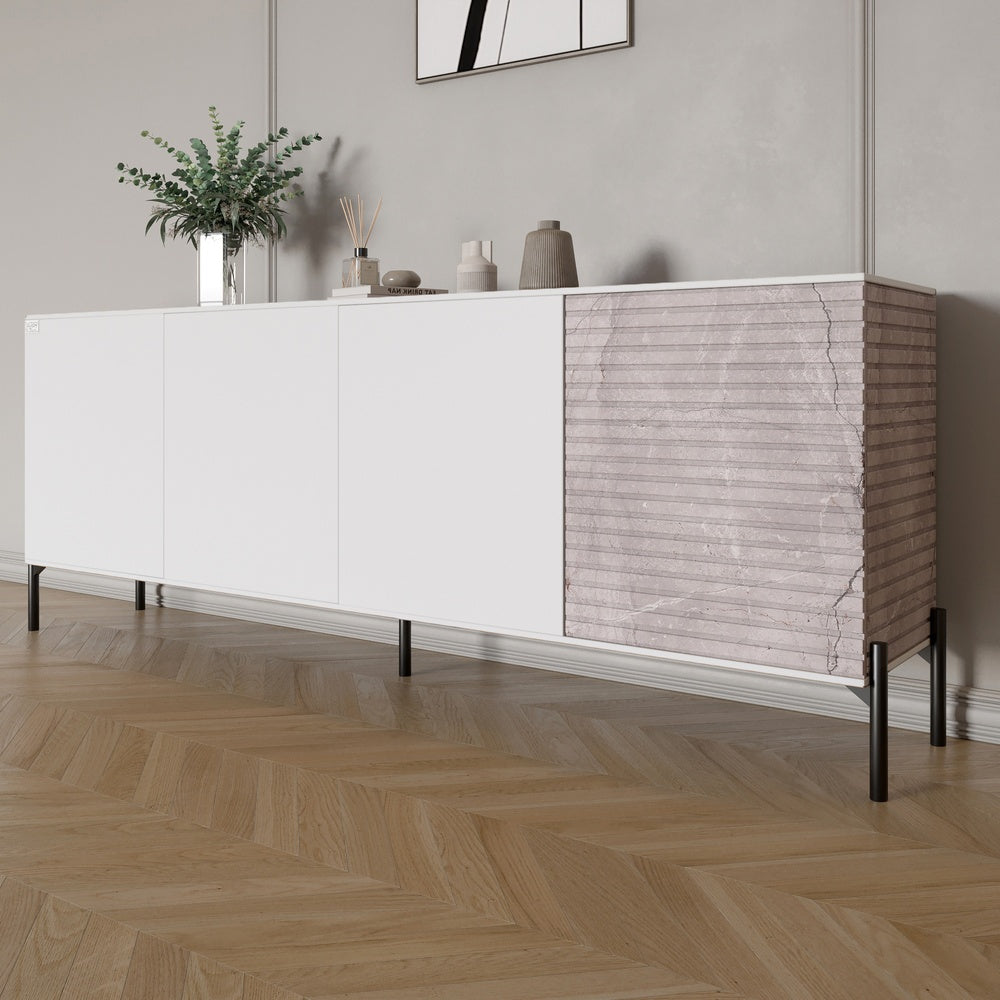Комод в гостиную на черных металлических ножках LION Грей 204x38x76,5 см Нимфея Альба (белый)/Камень (LION-042611)