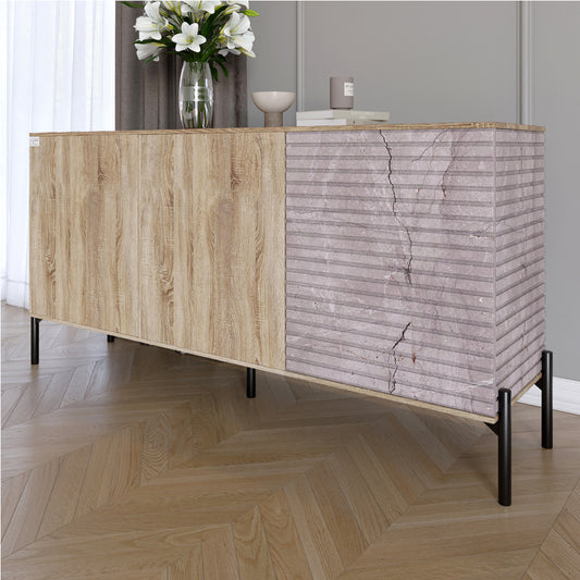 Комод закрыт в гостиную на черных металлических ножках LION Грей 154x38x76,5 см Дуб сонома/Камень (LION-041797)