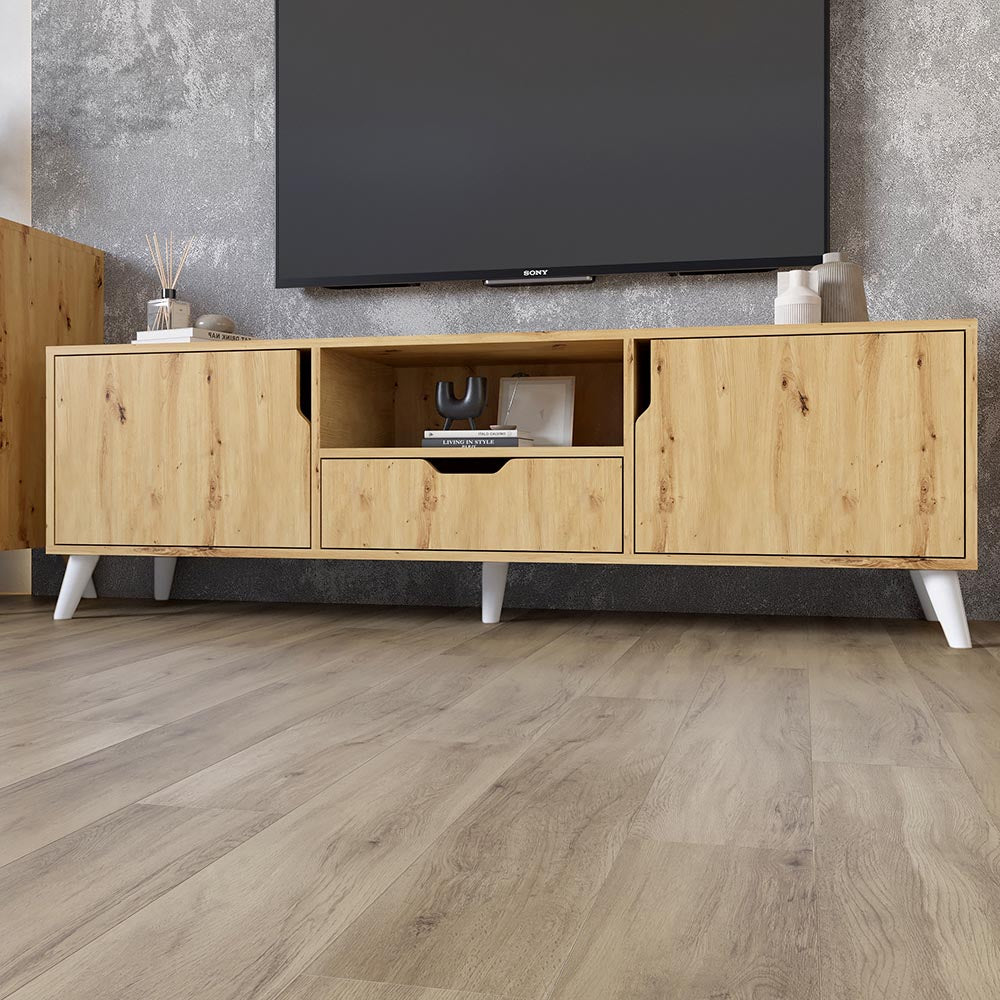 Тумба под телевизор с белыми ножками М-ЗОН Борн 1600 Дуб Артизан (MZN-031082)