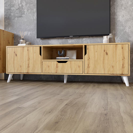 Тумба под телевизор с белыми ножками М-ЗОН Борн 1600 Дуб Артизан (MZN-031082)