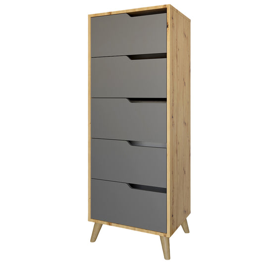 Комод высокий с ножками в цвете Орех светлый 5 ящиков М-ЗОН Борн 500 Дуб Артизан/Антрацит (MZN-031102)