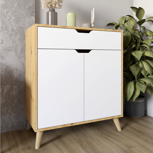 Комод в гостиную с ножками в цвете Орех светлый М-ЗОН Борн 750 Дуб Артизан/Нимфеа Альба (белый) (MZN-031046)