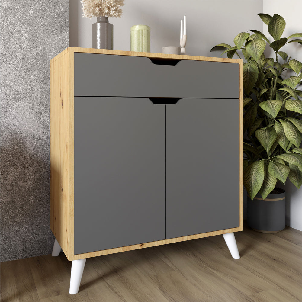 Комод в гостиную с белыми ножками М-ЗОН Борн 750 Дуб Артизан/Антрацит (MZN-031041)