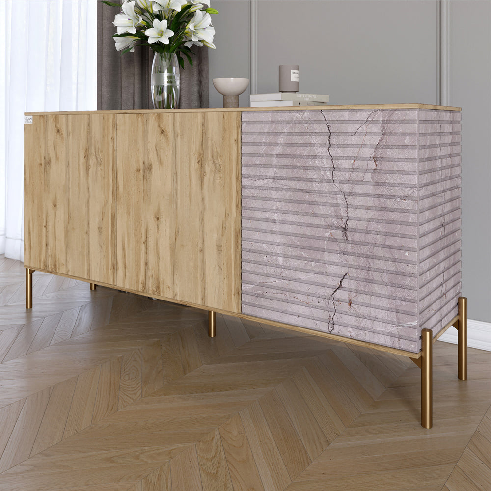 Комод закрытый в гостиную на золотых металлических ножках LION Грей 154x38x76,5 см Дуб Аппалачи/Камень (LION-041853)