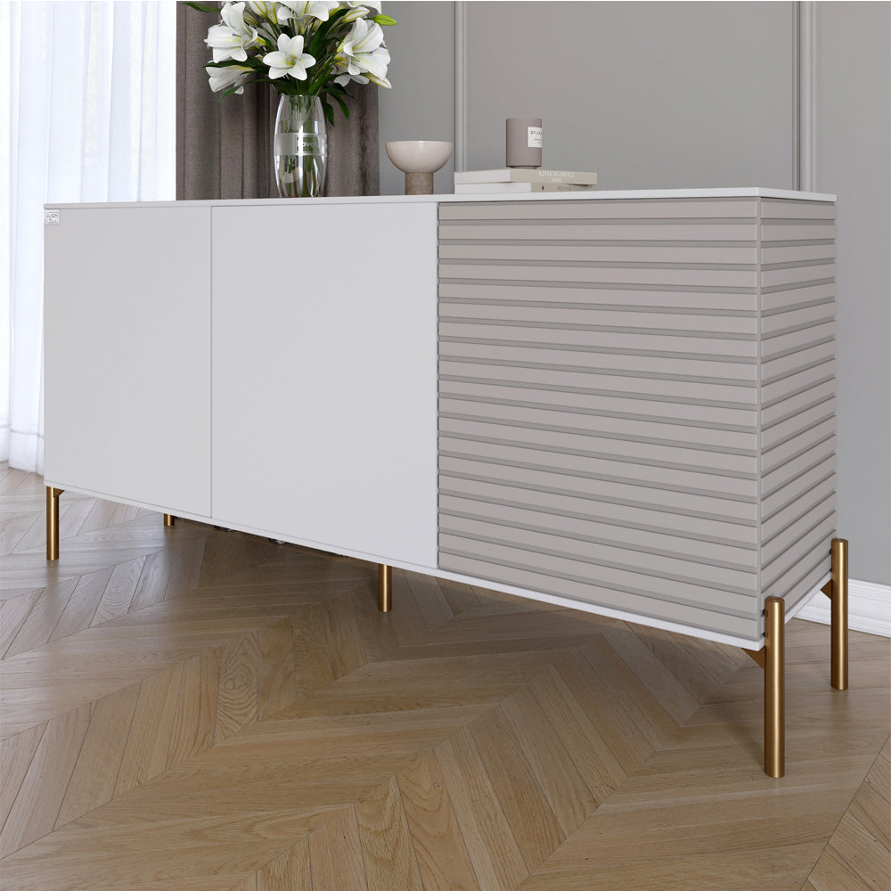 Комод закрытый в гостиную на золотых металлических ножках LION Грей 154x38x76,5 см Нимфея Альба (белый)/Кашемир (LION-041874)