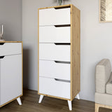 Комод высокий с белыми ножками 5 ящиков М-ЗОН Борн 500 Дуб Артизан/Нимфея Альба (белый) (MZN-031103)