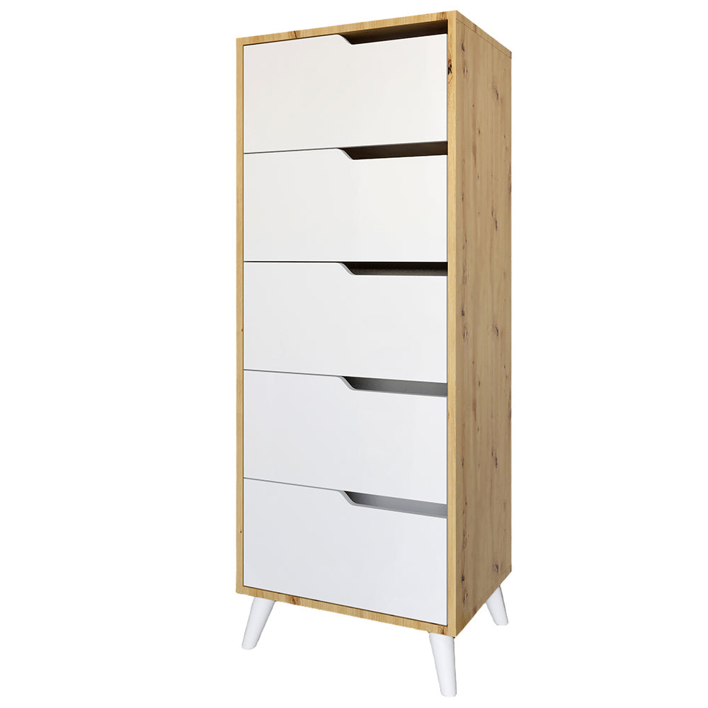 Комод высокий с белыми ножками 5 ящиков М-ЗОН Борн 500 Дуб Артизан/Нимфея Альба (белый) (MZN-031103)