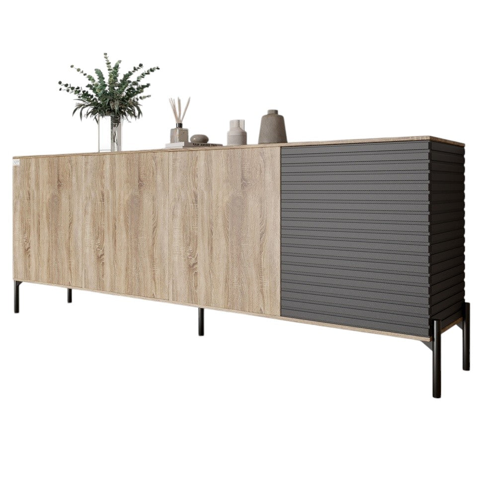 Комод в гостиную на черных металлических ножках LION Грей 204x38x76,5 см Дуб сонома трюфель/Асфальт (LION-042463)