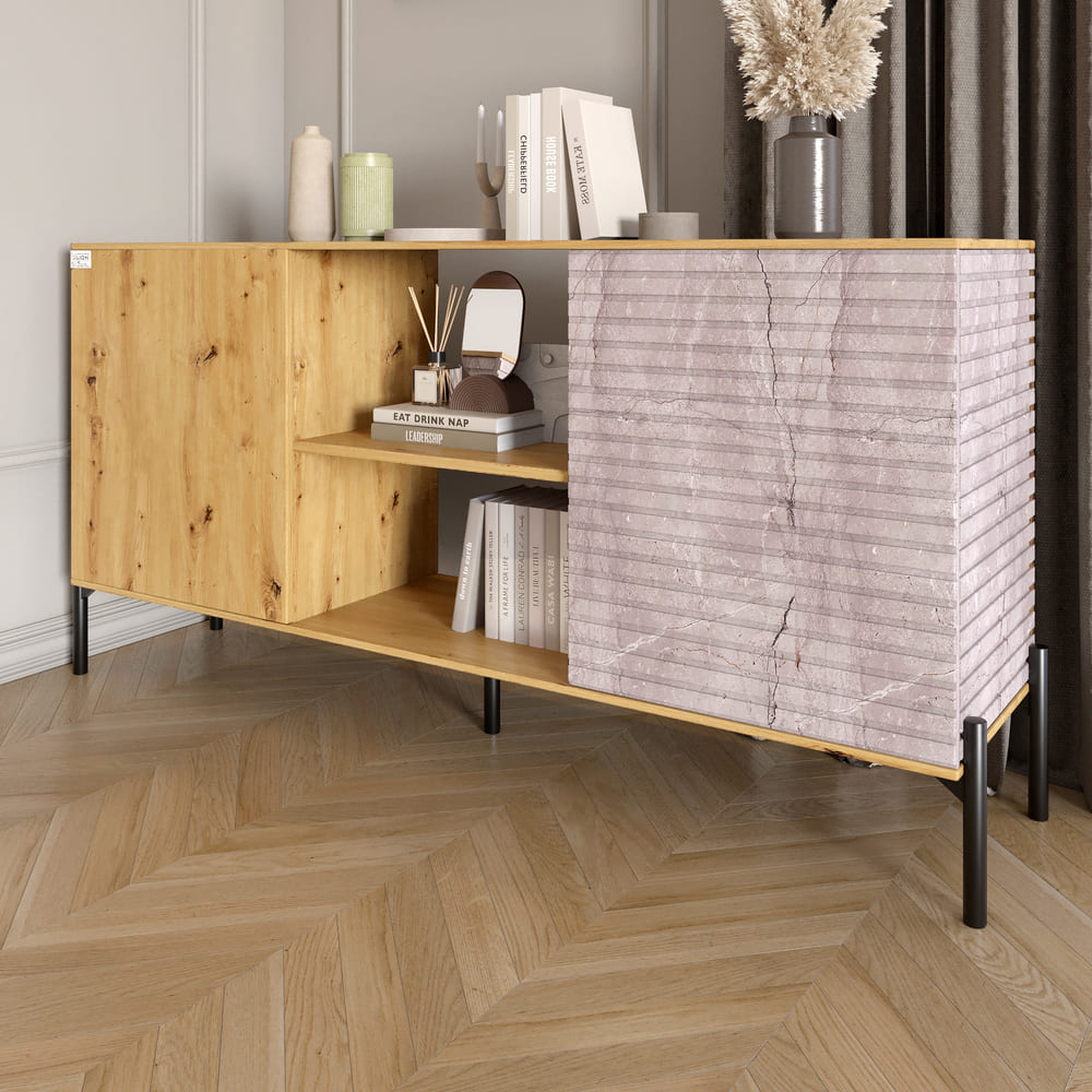 Комод открытый на черных металлических ножках LION Грей Дуб Артизан/Камень (LION-042793)