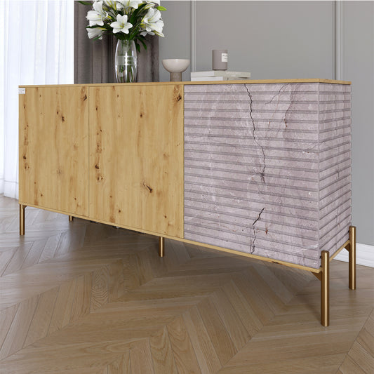 Комод закрытый в гостиную на золотых металлических ножках LION Грей 154x38x76,5 см Дуб Артизан/Камень (LION-041854)