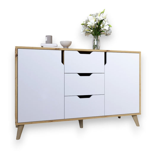 Комод в гостиную с ножками в цвете Орех светлый М-ЗОН Борн 1200 Дуб артизан/Нимфея Альба (белый) (MZN-031094)