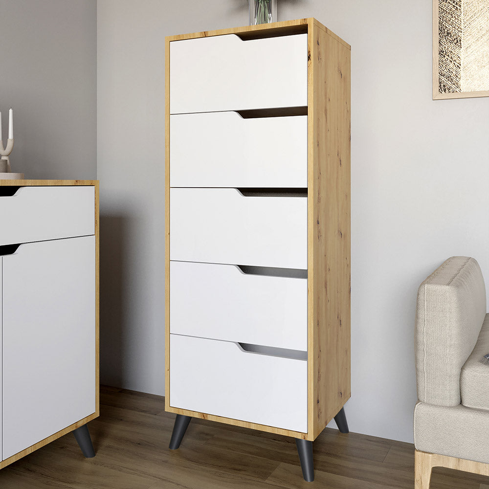 Комод высокий с черными ножками 5 ящиков М-ЗОН Борн 500 Дуб Артизан/Нимфея Альба (белый) (MZN-031104)