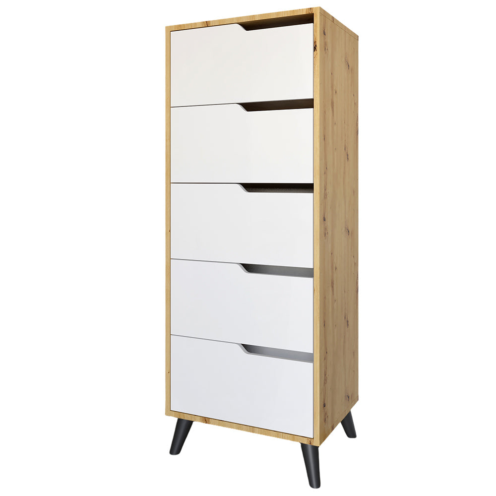 Комод высокий с черными ножками 5 ящиков М-ЗОН Борн 500 Дуб Артизан/Нимфея Альба (белый) (MZN-031104)