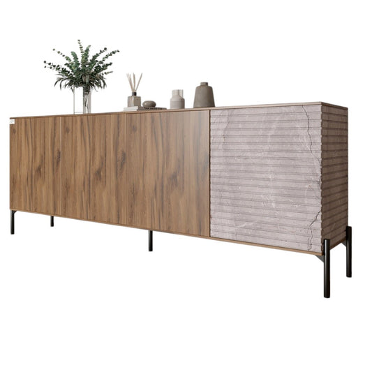 Комод в гостиную на черных металлических ножках LION Грей 204x38x76,5 см Дуб Ливорно/Камень (LION-042614)