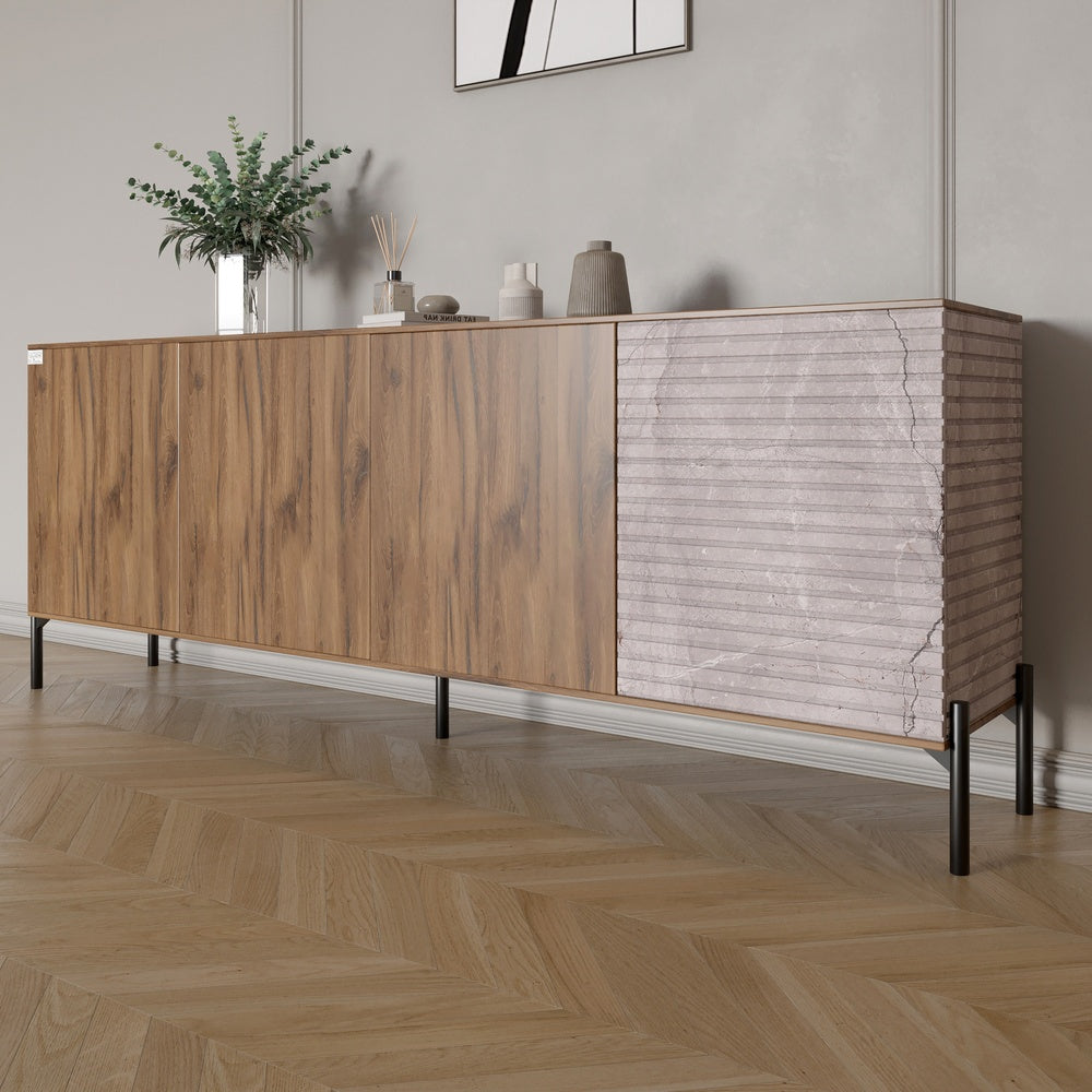 Комод в гостиную на черных металлических ножках LION Грей 204x38x76,5 см Дуб Ливорно/Камень (LION-042614)