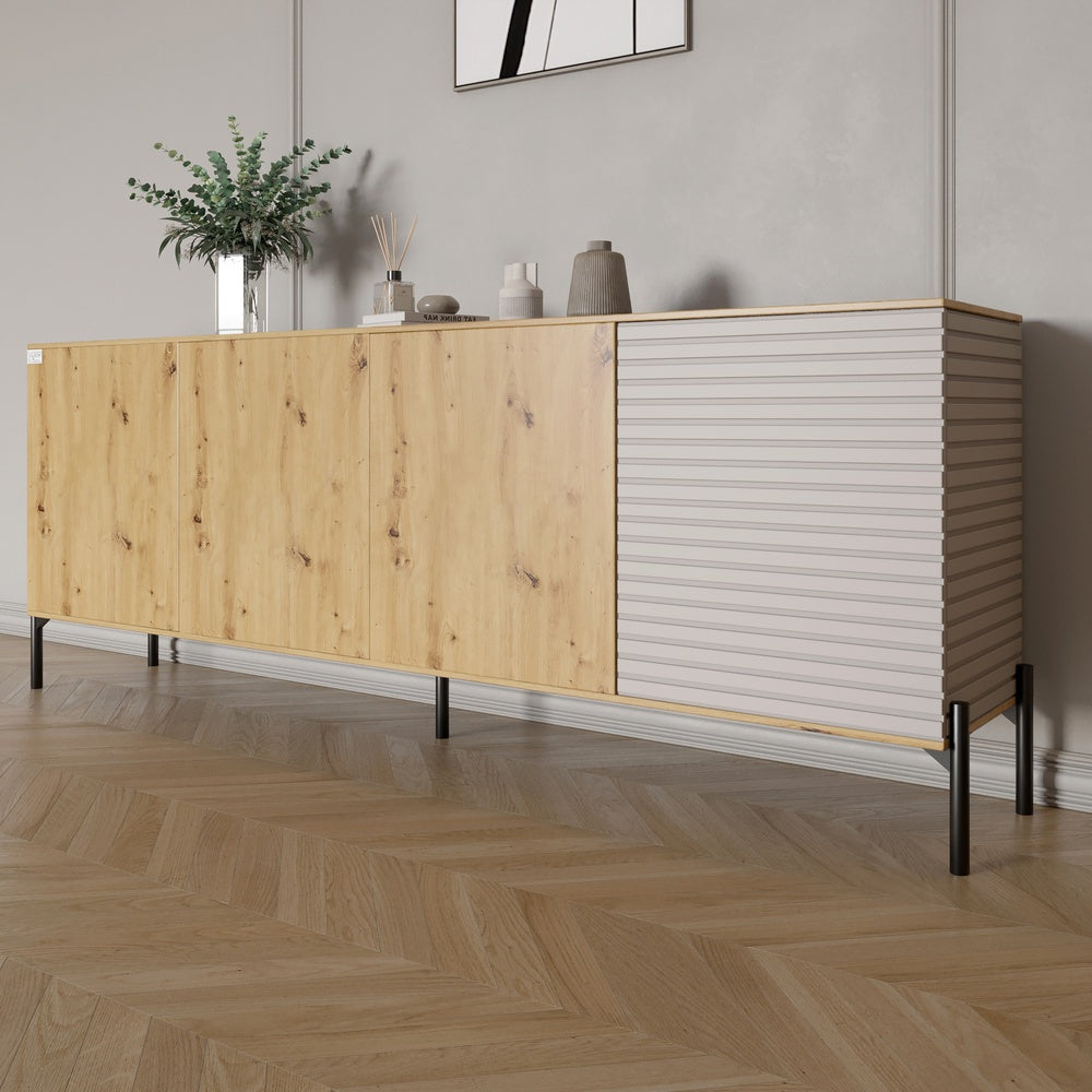 Комод в гостиную на черных металлических ножках LION Грей 204x38x76,5 см Дуб Артизан/Кашемир (LION-042624)