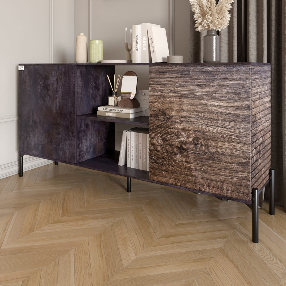 Комод открытый на черных металлических ножках LION Грей Бетон темный/Дерево (LION-042759)