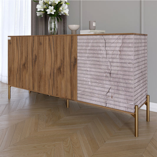 Комод закрытый в гостиную на золотых металлических ножках LION Грей 154x38x76,5 см Дуб Ливорно/Камень (LION-041855)