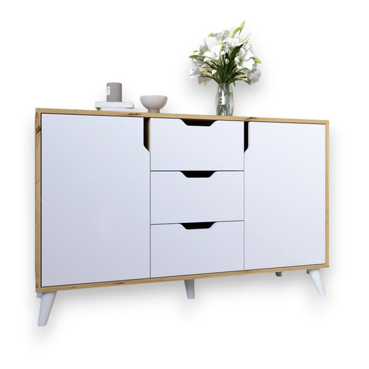 Комод в гостиную с белыми ножками М-ЗОН Борн 1200 Дуб артизан/Нимфея Альба (белый) (MZN-031095)