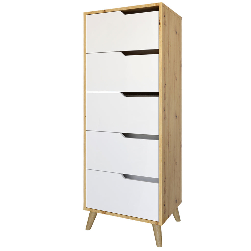 Комод высокий с ножками в цвете Орех Светлый 5 ящиков М-ЗОН Борн 500 Дуб Артизан/Нимфея Альба (белый) (MZN-031105)