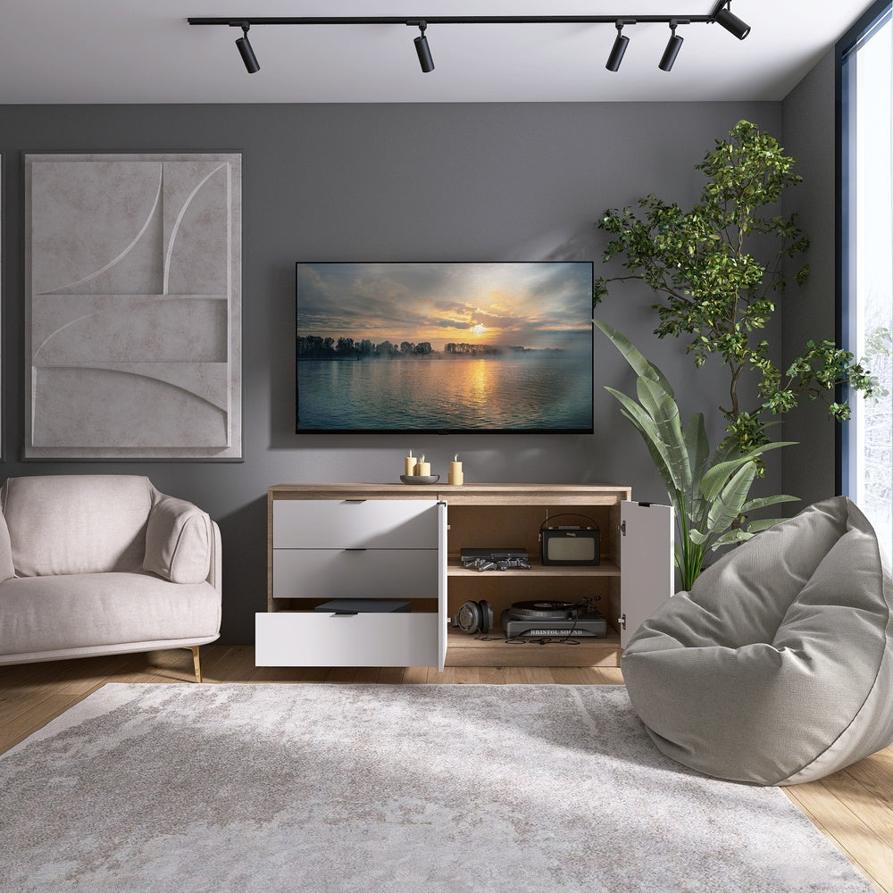 Большой комод с дверями и 3-мя ящиками Эверест Сити-1500 150,2х38х74,6 Дуб сонома/Белый (DTM-071102)