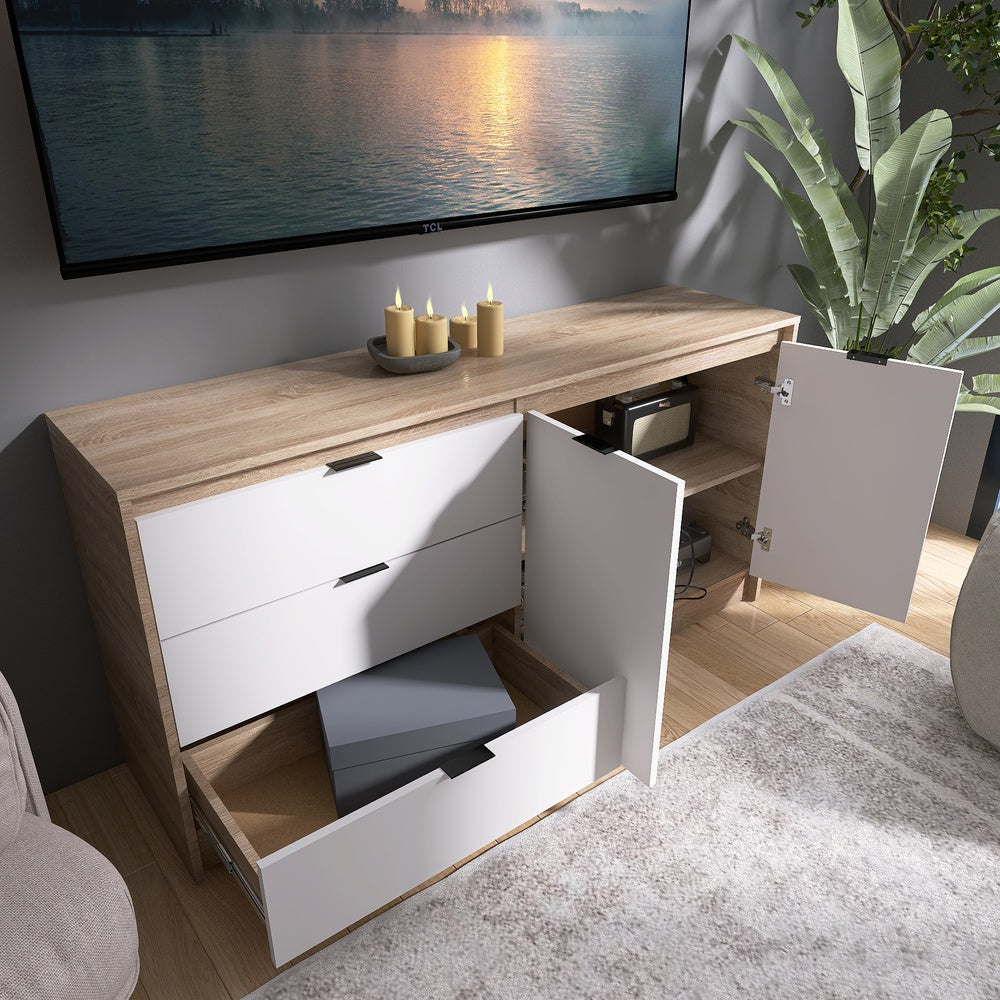 Большой комод с дверями и 3-мя ящиками Эверест Сити-1500 150,2х38х74,6 Дуб сонома/Белый (DTM-071102)