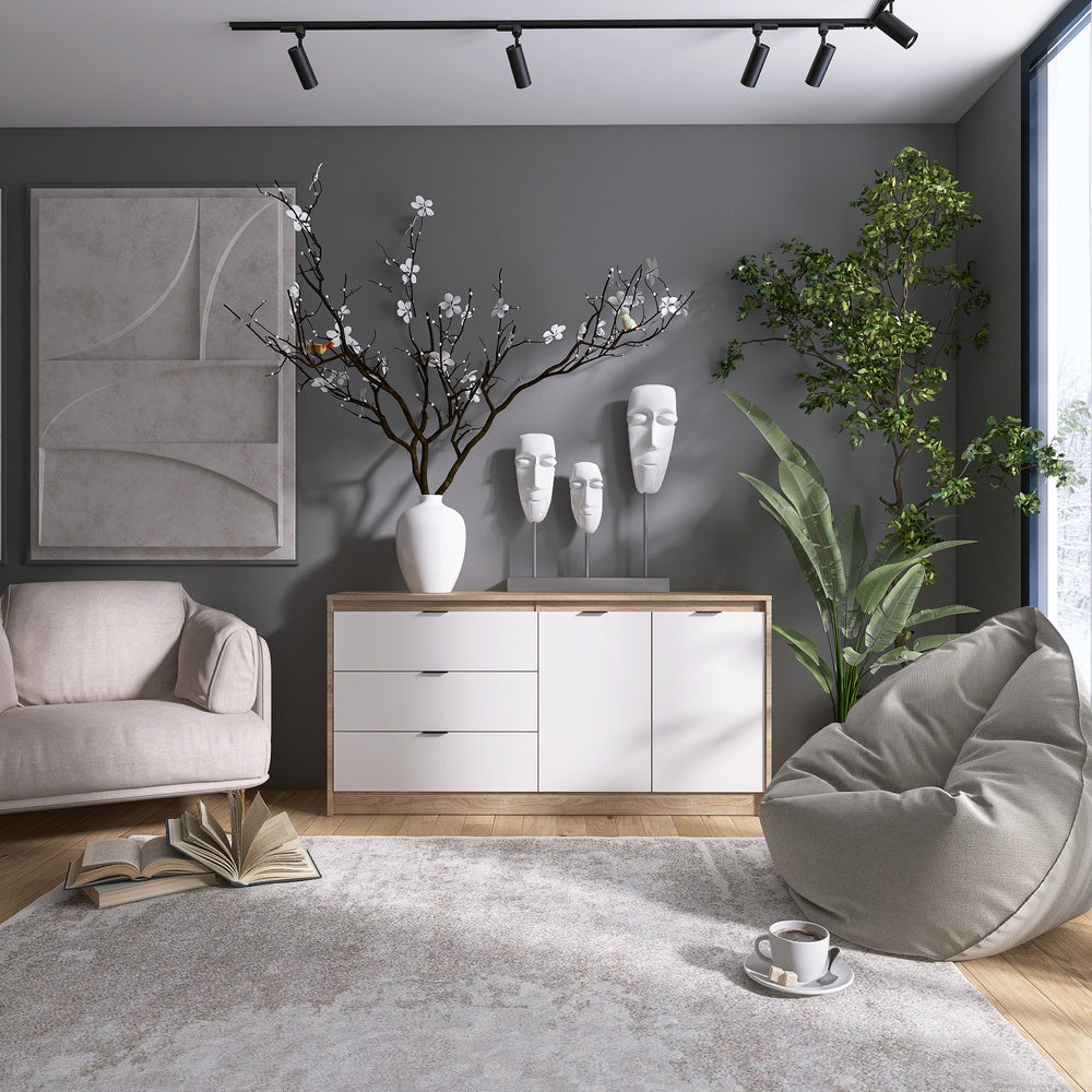 Большой комод с дверями и 3-мя ящиками Эверест Сити-1500 150,2х38х74,6 Дуб сонома/Белый (DTM-071102)